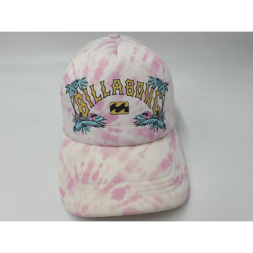 Women Billabong Tie Dye Palm Trees Mesh Trucker Snapback Hat Cap Surf Pink White
